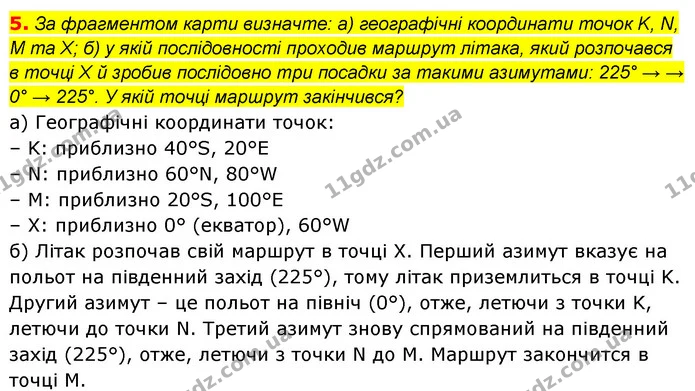 5. За фрагментом карти визначте: а) географічні координати точок K, N, M та X; б) у якій послідовності проходив маршрут літака, який — ГДЗ Географія 6 клас Кобернік (2023)