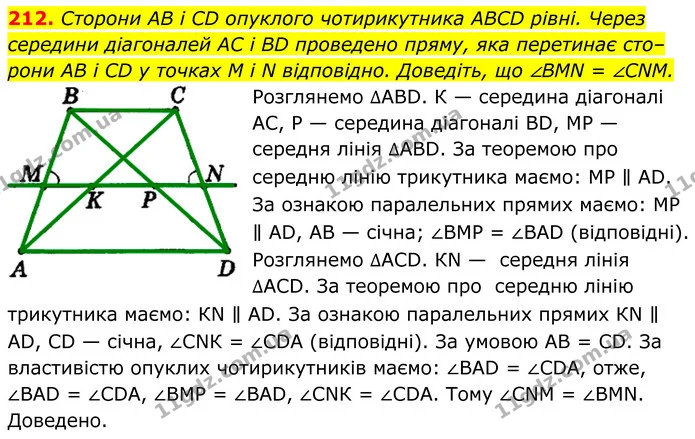 212. Сторони AB і CD опуклого чотирикутника ABCD рівні. Через — ГДЗ Геометрія 8 клас Мерзляк