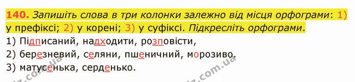 140. Запишіть слова в три колонки залежно від місця орфограми: 1) у префіксі; 2) у корені; 3) у суфіксі. Підкресліть орфограми. — ГДЗ Українська мова 5 клас Заболотний 2022
