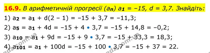 16.9. В арифметичній прогресії (an) a1 = –15, d = 3,7. Знайдіть: — ГДЗ Алгебра 9 клас Істер