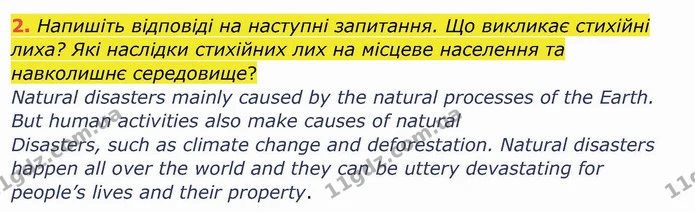 2. Напишіть відповіді на наступні запитання. Що викликає стихійні лиха? Які наслідки стихійних лих на місцеве населення та навколишнє — ГДЗ Робочий зошит англійська мова 10 клас Ходаковська