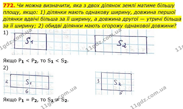 772. Чи можна визначити, яка з двох ділянок землі матиме більшу площу, якщо: 1) ділянки мають однакову ширину, довжина першої ділянки — ГДЗ Алгебра 7 клас Тарасенкова 2024
