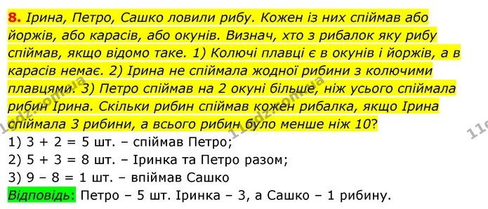 8. Ірина, Петро, Сашко ловили рибу. Кожен із них спіймав або йоржів, або карасів, або окунів. Визнач, хто з рибалок яку рибу спіймав — ГДЗ Математика 3 клас Скворцова 1-2 ч.