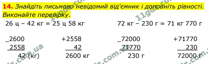 14. Знайдіть письмово невідомий від'ємник і доповніть рівності. Виконайте перевірку. — ГДЗ Математика 4 клас Логачевська 1-2 ч. 2021