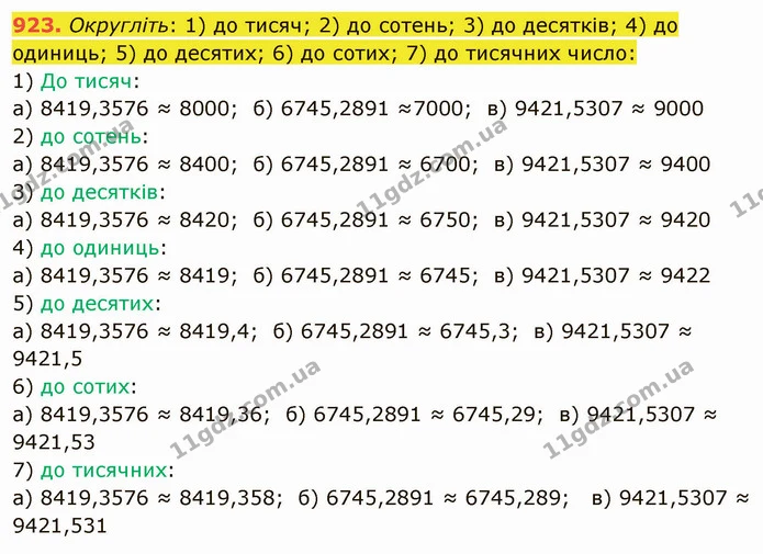 923. Округліть: 1) до тисяч; 2) до сотень; 3) до десятків; 4) до одиниць; 5) до десятих; 6) до сотих; 7) до тисячних число: — ГДЗ Математика 5 клас Мерзляк