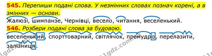 545. Перепиши подані слова. У незмінних словах познач корені, а в змінних — основи. — ГДЗ Українська мова 6 клас Онатій