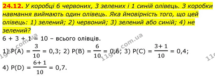 24.12. У коробці 6 червоних, 3 зелених і 1 синій олівець. З коробки навмання виймають один олівець. Яка ймовірність того, що цей — ГДЗ Алгебра 9 клас Істер