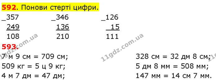 592. Понови стерті цифри. — ГДЗ Математика 3 клас Козак 1-2 ч.