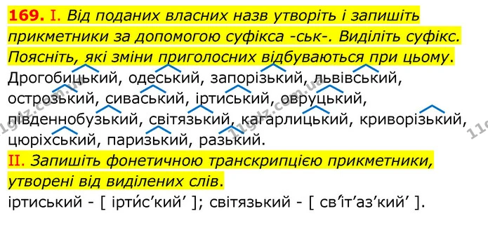 169. І. Від поданих власних назв утворіть і запишіть прикметники за допомогою суфікса -ськ-. Виділіть суфікс. Поясніть, які зміни — ГДЗ Українська мова 6 клас Заболотний 2020