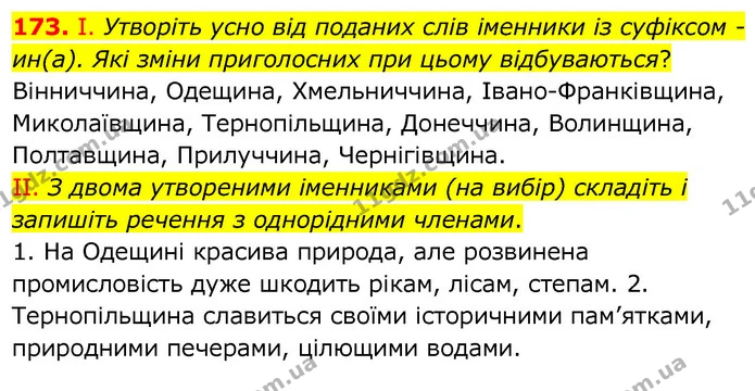 173. І. Утворіть усно від поданих слів іменники із суфіксом -ин(а). Які зміни приголосних при цьому відбуваються? — ГДЗ Українська мова 6 клас Заболотний 2020