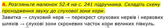 4. Розгляньте малюнок 52.4 на с. 241 підручника. Складіть схему проходження звуку до слухової зони кори. — ГДЗ Робочий зошит Біологія 8 клас Кулініч