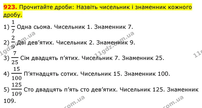 923. Прочитайте дроби: Назвіть чисельник і знаменник кожного дробу. — ГДЗ Математика 5 клас Кравчук