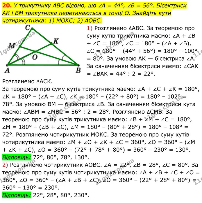 20. У трикутнику ABC відомо, що ∠A = 44°, ∠B = 56°. Бісектриси — ГДЗ Геометрія 8 клас Мерзляк