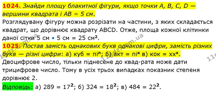 1024. Знайди площу блакитної фігури, якщо точки A, B, С, D — вершини квадрата і AB = 5 см. — ГДЗ Математика 6 клас Бевз 1-2 ч.