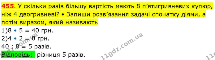 455. У скільки разів більшу вартість мають 8 п’ятигривневих купюр, ніж 4 двогривневі? • Запиши розв’язання задачі спочатку діями, а — ГДЗ Математика 3 клас Козак 1-2 ч.