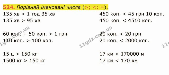 524. Порівняй іменовані числа (>; <; =). — ГДЗ Математика 4 клас Оляницька