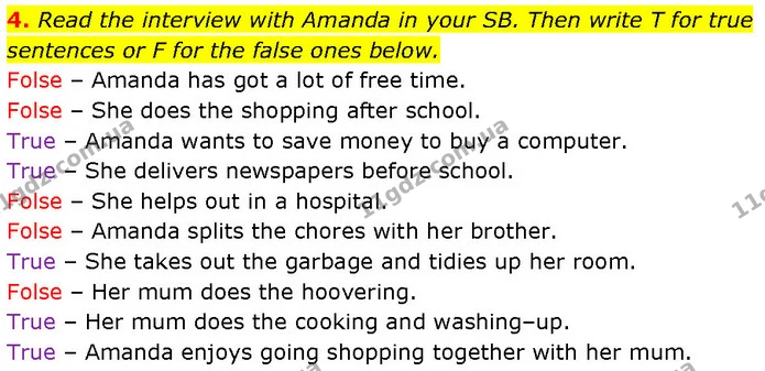 4. Read the interview with Amanda in your SB. Then write T for true sentences or F for the false ones below. — ГДЗ Робочий зошит Англійська мова 7 клас Карпюк