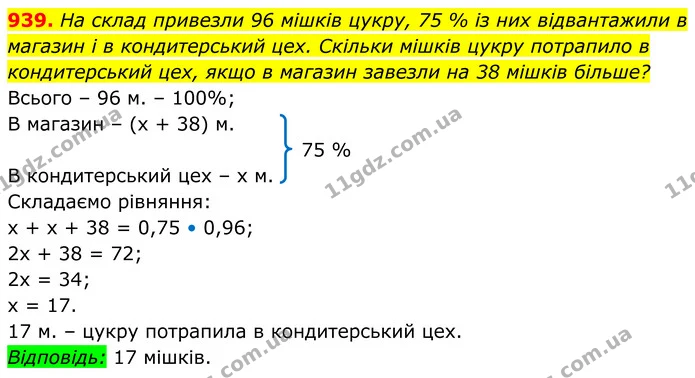 939. На склад привезли 96 мішків цукру, 75 % із них відвантажили в магазин і в кондитерський цех. Скільки мішків цукру потрапило в — ГДЗ Алгебра 8 клас Тарасенкова