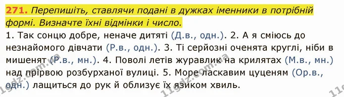 271. Перепишіть, ставлячи подані в дужках іменники в потрібній формі. Визначте їхні відмінки і число. — ГДЗ Українська мова 6 клас Глазова