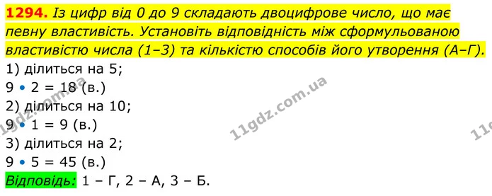1294. Із цифр від 0 до 9 складають двоцифрове число, що має певну властивість. Установіть відповідність між сформульованою властивістю — ГДЗ Алгебра 7 клас Бевз
