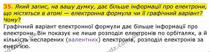 35. Який запис, на вашу думку, дає більше інформації про електрони, що містяться в атомі — електронна формула чи її графічний варіант? — ГДЗ Хімія 8 клас Попель