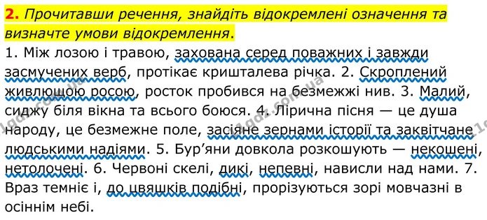2. Прочитавши речення, знайдіть відокремлені означення та визначте умови відокремлення. — ГДЗ Українська мова 8 клас Авраменко