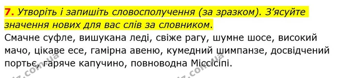 7. Утворіть і запишіть словосполучення (за зразком). З’ясуйте значення нових для вас слів за словником. — ГДЗ Українська мова 6 клас Авраменко
