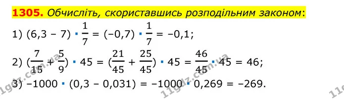 1305. Обчисліть, скориставшись розподільним законом: — ГДЗ Математика 6 клас Тарасенкова 2023 1-2 ч.