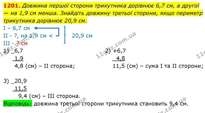 1201. Довжина першої сторони трикутника дорівнює 6,7 см, а другої — на 1,9 см менша. Знайдіть довжину третьої сторони, якщо периметр — ГДЗ Математика 5 клас Кравчук
