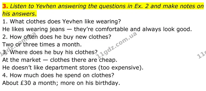 3. Listen to Yevhen answering the questions in Ex. 2 and make notes on his answers. — ГДЗ Англійська мова 8 клас Стайрінг (Prepare)