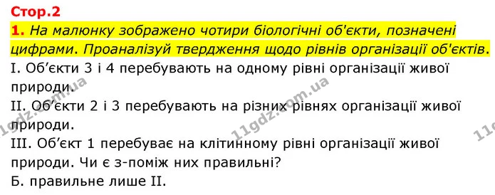 1. На малюнку зображено чотири біологічні об'єкти, позначені цифрами. Проаналізуй твердження щодо рівнів організації об'єктів. — ГДЗ робочий зошит Біологія 7 клас Тагліна