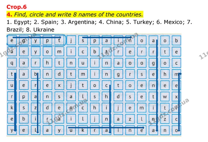 4. Find, circle and write 8 names of the countries. — ГДЗ Робочий зошит Англійська мова 5 клас Косован (Дж. Коста)