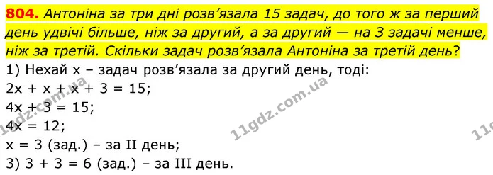 804. Антоніна за три дні розв’язала 15 задач, до того ж за перший день удвічі більше, ніж за другий, а за другий — на З задачі менше — ГДЗ Математика 6 клас Кравчук 2023