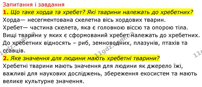 1. Що таке хорда та хребет? Які тварини належать до хребетних? — ГДЗ Біологія 7 клас Тагліна