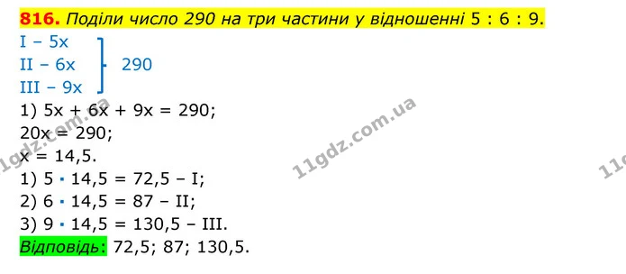 816. Поділи число 290 на три частини у відношенні 5 : 6 : 9. — ГДЗ Математика 6 клас Істер 2023 1-2 ч.