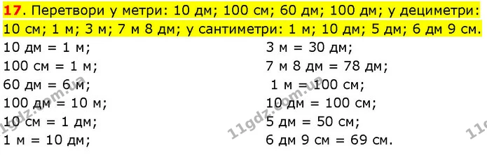 17. Перетвори у метри: 10 дм; 100 см; 60 дм; 100 дм; у дециметри: 10 см; 1 м; 3 м; 7 м 8 дм; у сантиметри: 1 м; 10 дм; 5 дм; 6 дм 9 см. — ГДЗ Математика 3 клас Козак 1-2 ч.