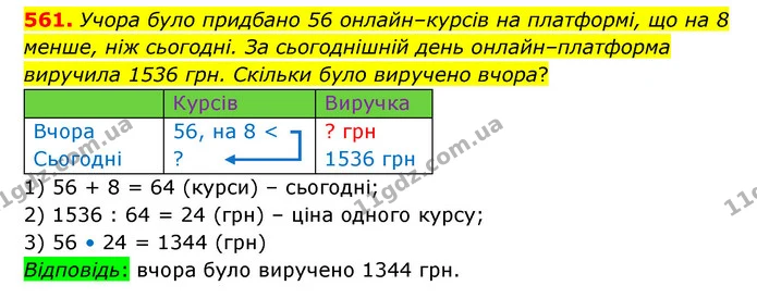 561. Учора було придбано 56 онлайн–курсів на платформі, що на 8 менше, ніж сьогодні. За сьогоднішній день онлайн–платформа виручила — ГДЗ Математика 4 клас Бевз 1 та 2 частини