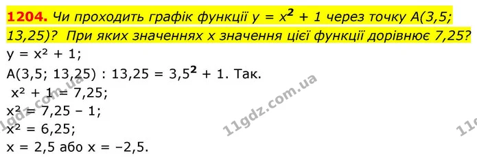 1204. Чи проходить графік функції у = х2 + 1 через точку А(3,5; 13,25)? При яких значеннях х значення цієї функції дорівнює 7,25? — ГДЗ Алгебра 8 клас Бевз