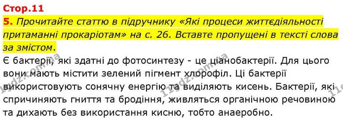 5. Прочитайте статтю в підручнику «Які процеси життєдіяльності притаманні прокаріотам» на с. 26. Вставте пропущені в тексті слова за — ГДЗ робочий зошит Біологія 7 клас Кулініч