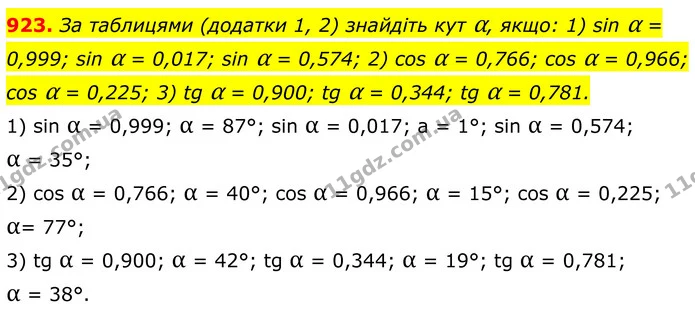 923. За таблицями (додатки 1, 2) знайдіть кут α, якщо: 1) sin α = 0,999; sin α = 0,017; sin α = 0,574; 2) cos α = 0,766; cos α = 0,966 — ГДЗ Геометрія 8 клас Бурда