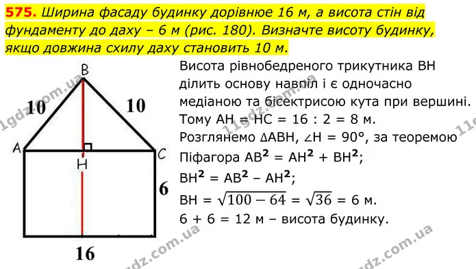 575. Ширина фасаду будинку дорiвнюе 16 м, а висота стiн вiд фундаменту до даху – 6 м (рис. 180). Визначте висоту будинку, якщо довжина — ГДЗ Геометрія 8 клас Мерзляк
