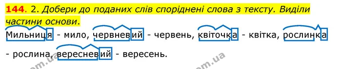 144. 2. Добери до поданих слів споріднені слова з тексту. Виділи частини основи. — ГДЗ Українська мова та читання 3 клас Кравцова (1 частина)