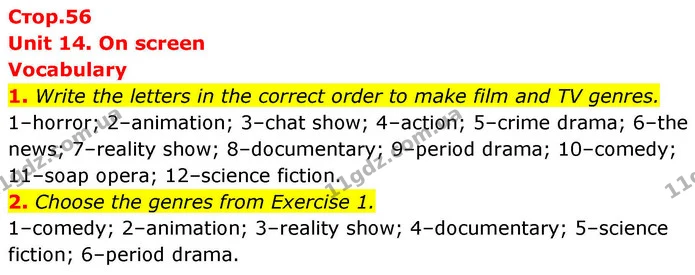 1. Write the letters in the correct order to make film and TV genres. — ГДЗ робочий зошит Англійська мова 8 клас Гарет Джонс 2025