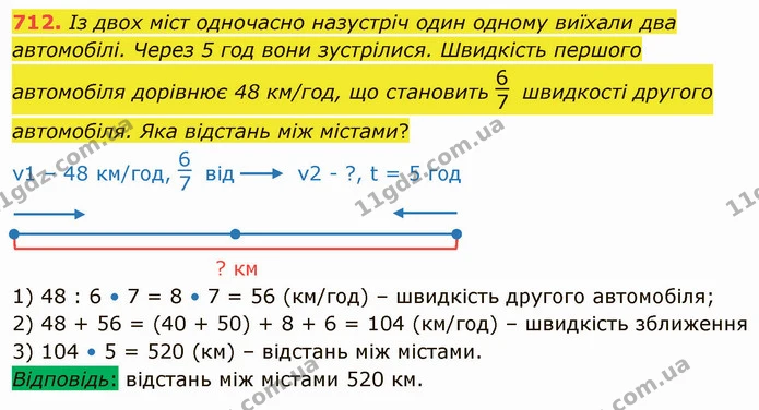 712. Із двох міст одночасно назустріч один одному виїхали два автомобілі. Через 5 год вони зустрілися. Швидкість першого автомобіля — ГДЗ Математика 4 клас Оляницька