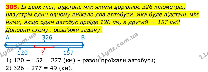305. Із двох міст, відстань між якими дорівнює 326 кілометрів, назустріч один одному виїхало два автобуси. Яка буде відстань між ними — ГДЗ Математика 4 клас Бевз 1 та 2 частини