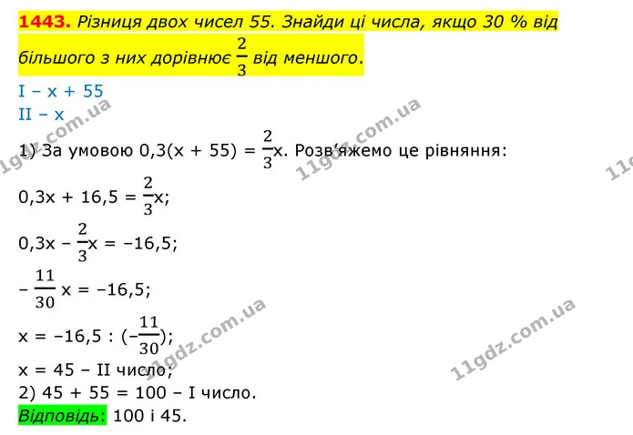 1443. Різниця двох чисел 55. Знайди ці числа, якщо 30 % від більшого з них дорівнює 23 від меншого. — ГДЗ Математика 6 клас Істер 2023 1-2 ч.