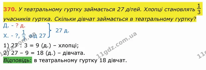 370. У театральному гуртку займається 27 дітей. Хлопці становлять учасників гуртка. Скільки дівчат займається в театральному гуртку? — ГДЗ Математика 3 клас Листопад 1-2 ч.