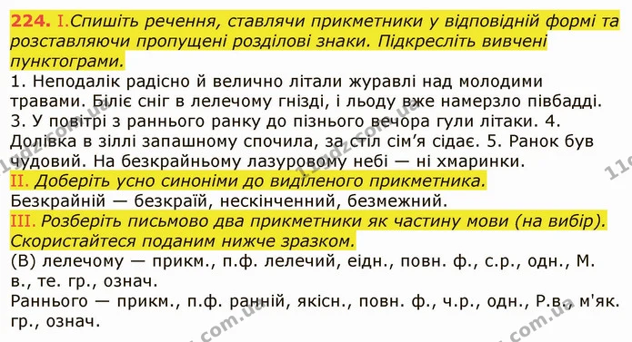 224. І. Спишіть речення, ставлячи прикметники у відповідній формі та розставляючи пропущені розділові знаки. Підкресліть вивчені — ГДЗ Українська мова 6 клас Заболотний 2019