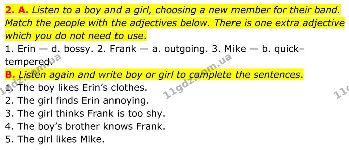 2. A. Listen to a boy and a girl, choosing a new member for their band. Match the people with the adjectives below. There is one extra — ГДЗ Англійська мова 8 клас Мітчелл
