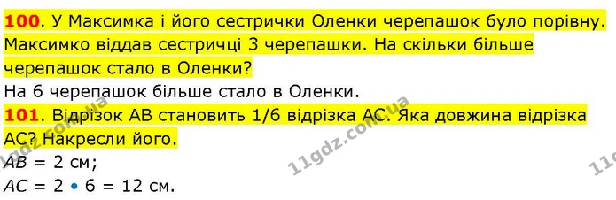 100. У Максимка і його сестрички Оленки черепашок було порівну. Максимко віддав сестричці 3 черепашки. На скільки більше черепашок — ГДЗ Математика 3 клас Козак 1-2 ч.